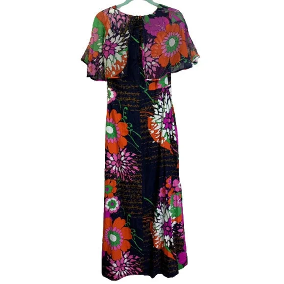 ERO Vintage Navy Blue Multi-Color Floral‎ Print Cotton Maxi Dress - Picture 11 of 13